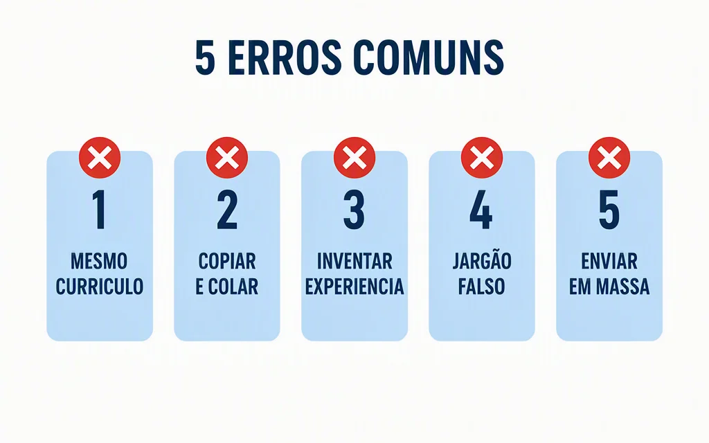 5 erros comuns ao adaptar currículo: mesmo currículo, copiar e colar, inventar experiência, jargão falso, enviar em massa