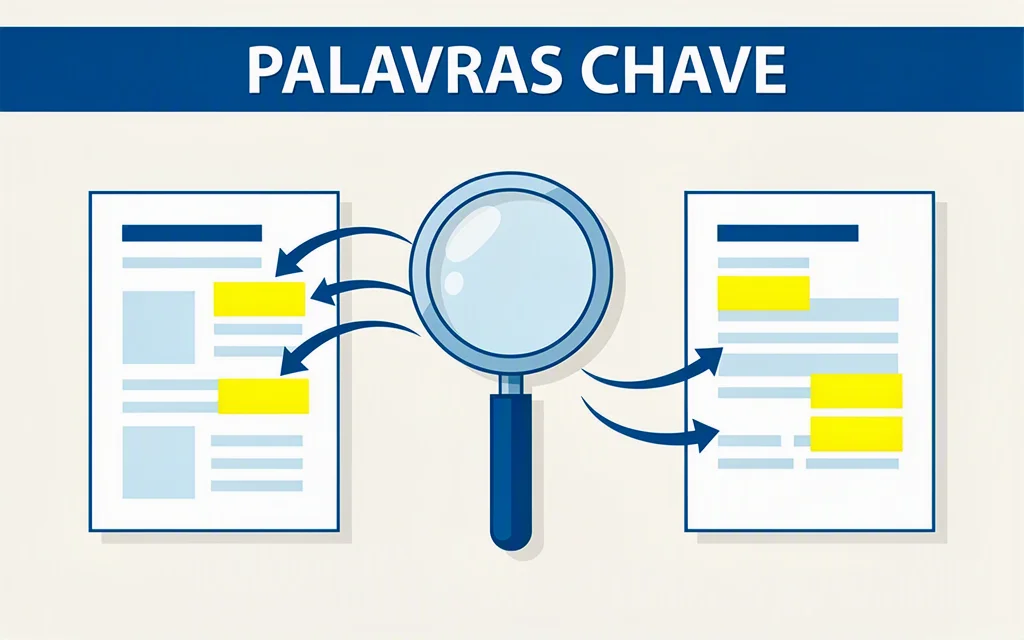 Palavras-chave de um anúncio de vaga conectadas a um currículo com uma lupa