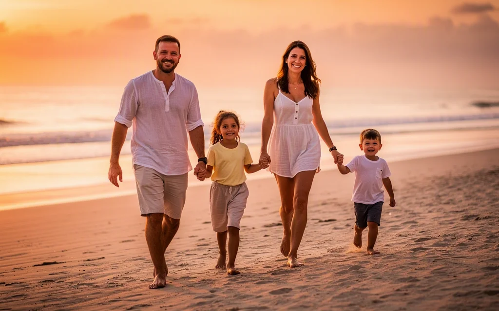 Família caminhando na areia de uma praia ao pôr do sol, com bolsa de viagem
