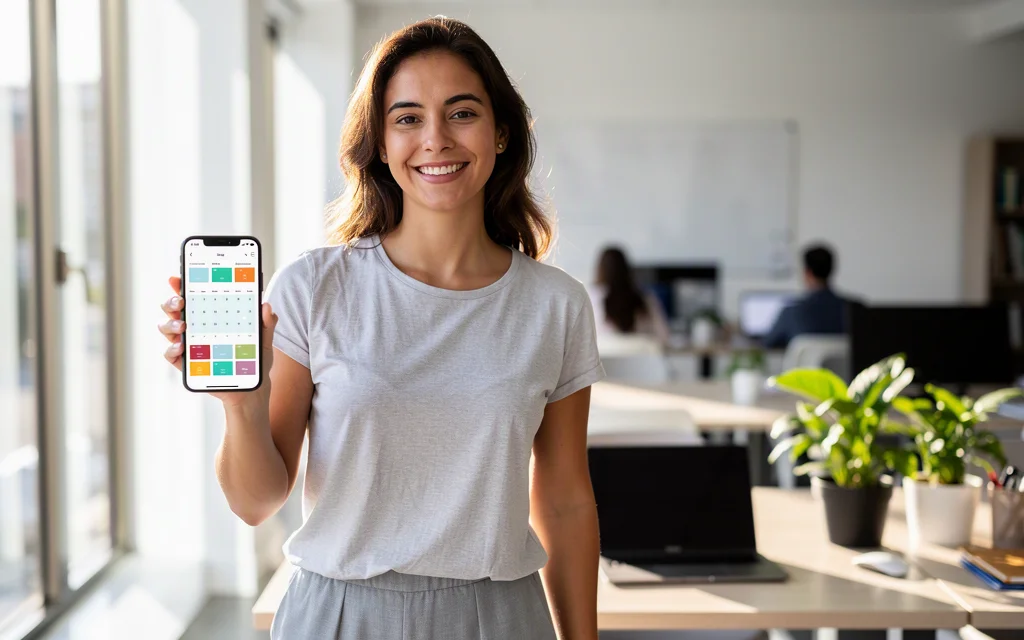 Funcionária sorridente segurando um celular com um aplicativo de calendário em um escritório