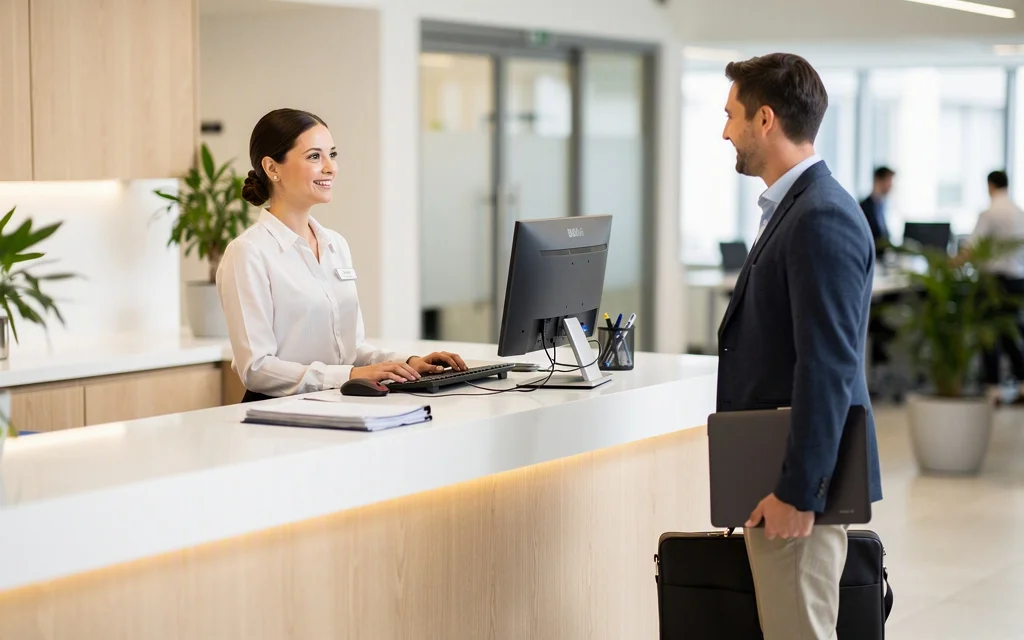 Recepcionista atendendo visitante com sorriso profissional
