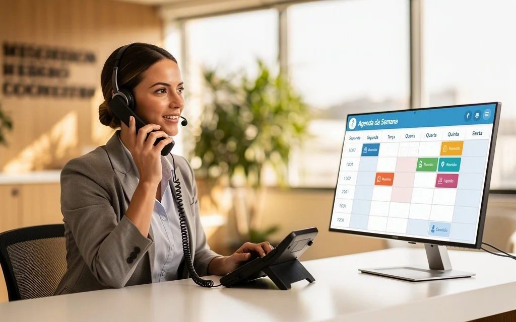 Recepcionista atendendo telefone e olhando agenda no computador