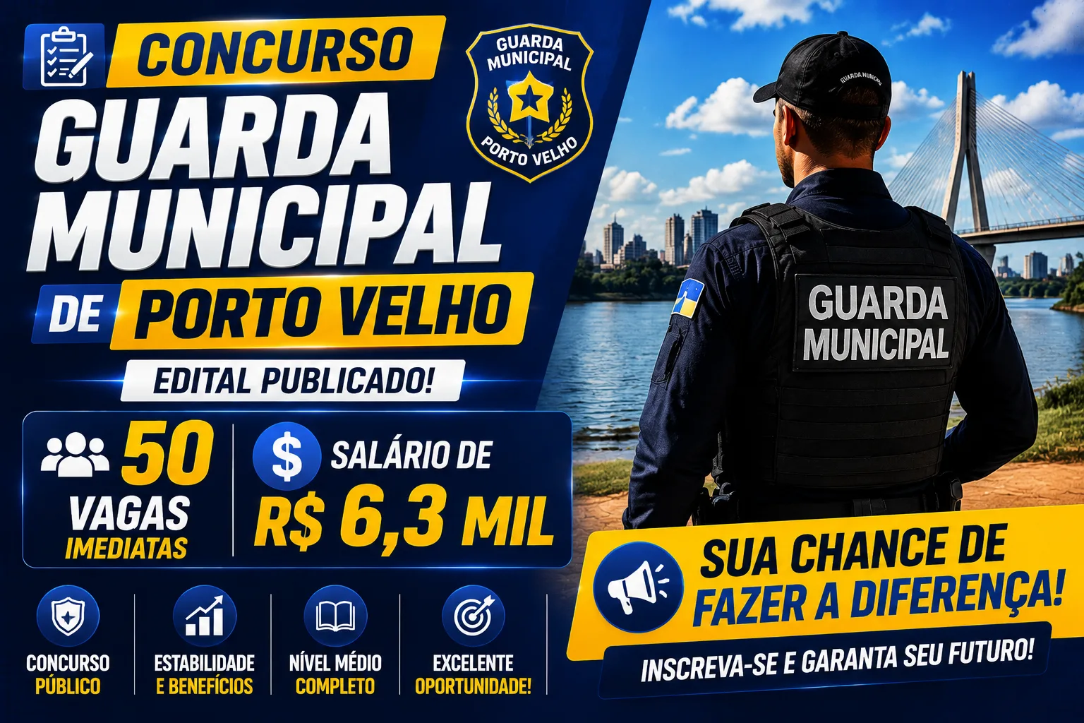 Concurso da Guarda Municipal de Porto Velho: 50 vagas com salário de R$ 6,3 mil
