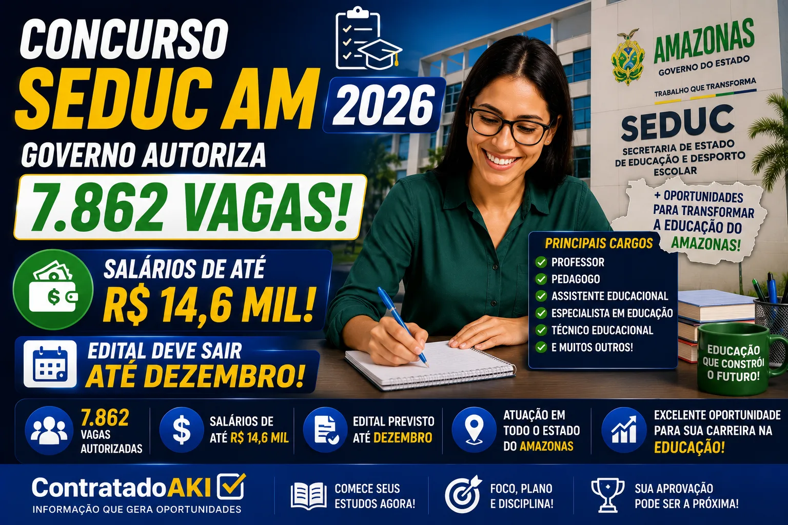 Concurso Seduc AM 2026: governo autoriza 7.862 vagas com salários de até R$ 14,6 mil; edital deve sair até dezembro