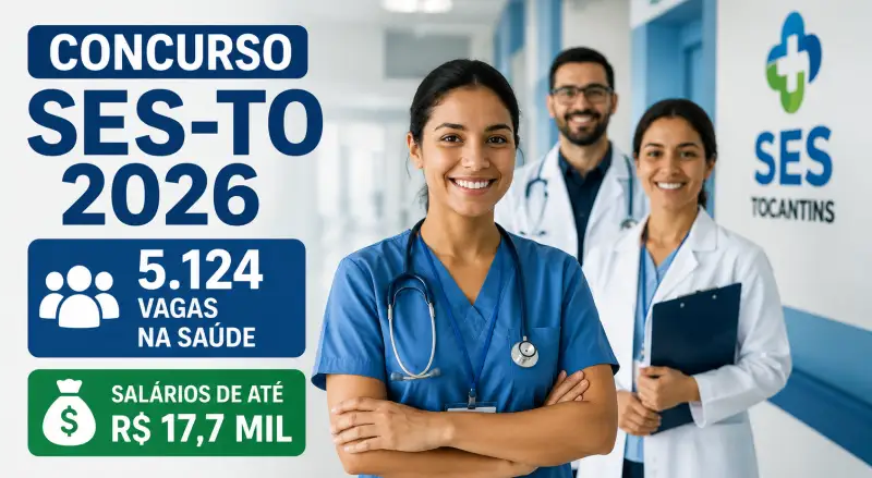 Concurso SES-TO 2026: 5.124 vagas na saúde com salários de até R$ 17,7 mil