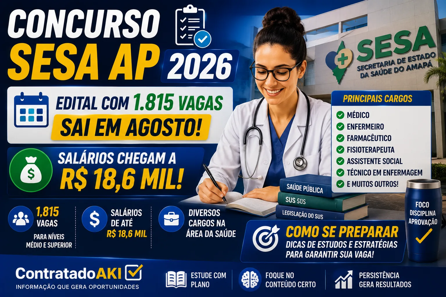 Concurso Sesa AP 2026: edital com 1.815 vagas sai em agosto e salários chegam a R$ 18,6 mil; veja cargos e como se preparar