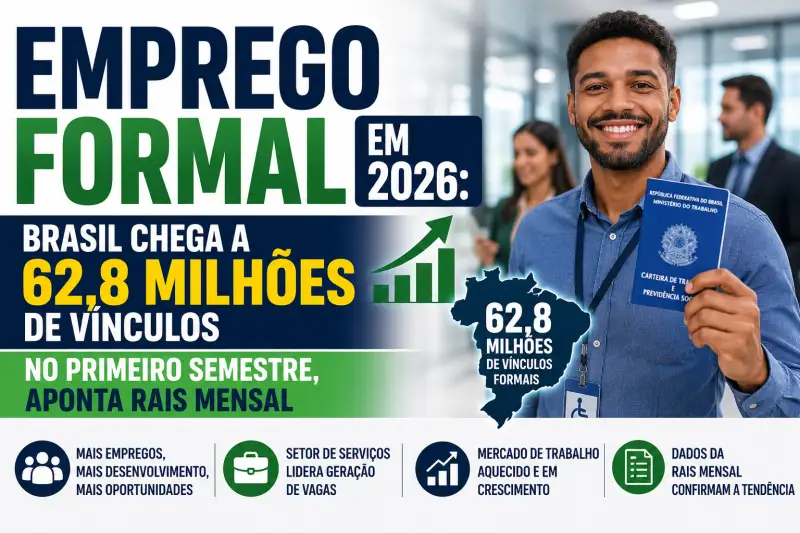 Emprego formal em 2026: Brasil chega a 62,8 milhões de vínculos no primeiro semestre, aponta RAIS Mensal