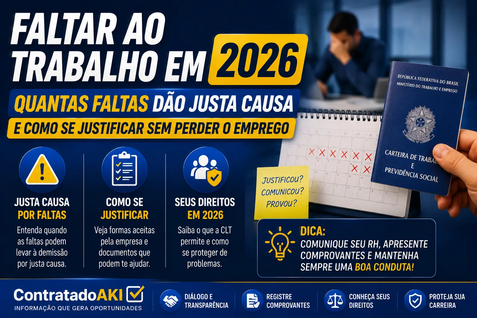 Faltar ao trabalho em 2026: quantas faltas dão justa causa e como se justificar sem perder o emprego