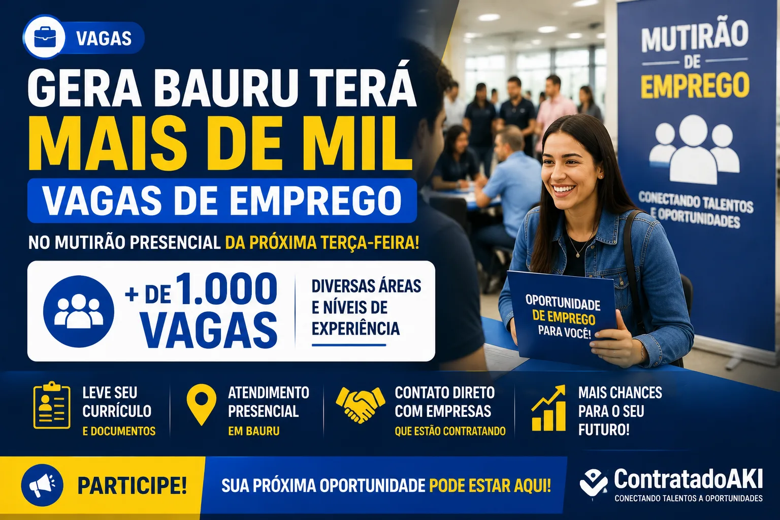 Gera Bauru terá mais de mil vagas de emprego no mutirão presencial da próxima terça-feira