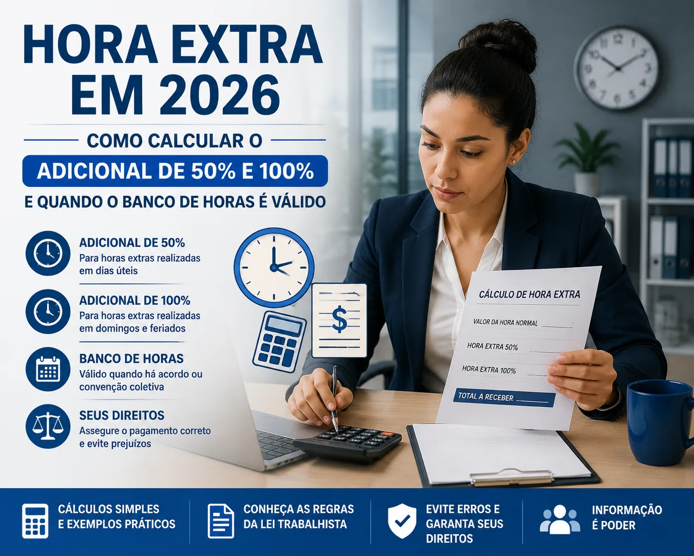 Hora extra em 2026: como calcular o adicional de 50% e 100% e quando o banco de horas é válido