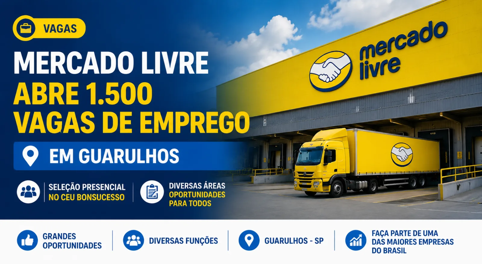 Mercado Livre abre 1.500 vagas de emprego em Guarulhos com seleção presencial no CEU Bonsucesso