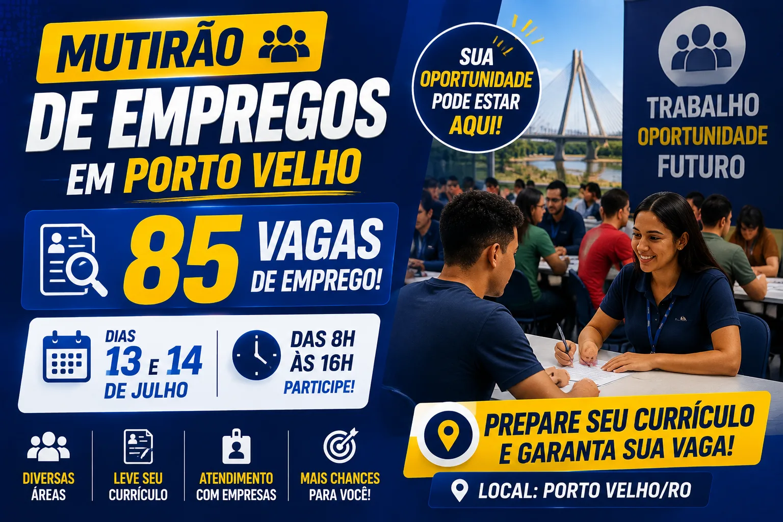 Mutirão de Empregos oferta 85 vagas em Porto Velho nos dias 13 e 14 de julho