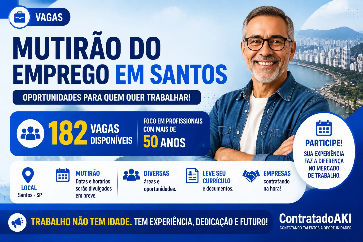 Mutirão do Emprego em Santos oferece 182 vagas com foco especial em profissionais com mais de 50 anos