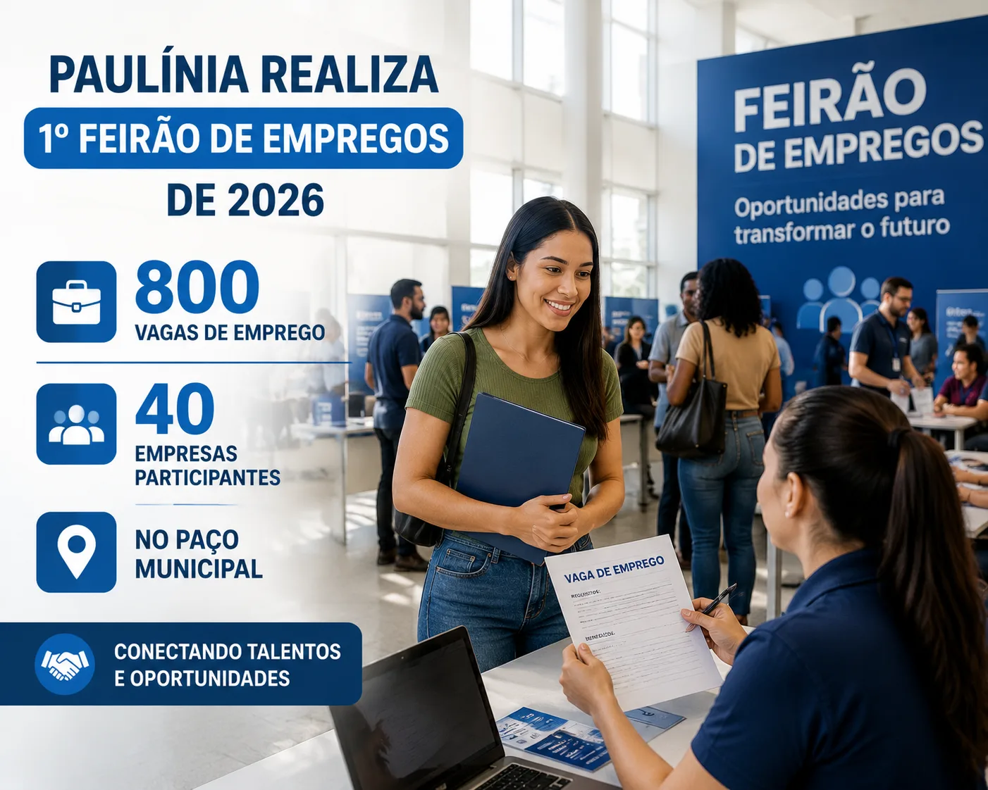 Paulínia realiza 1º Feirão de Empregos de 2026 com 800 vagas e 40 empresas no Paço Municipal