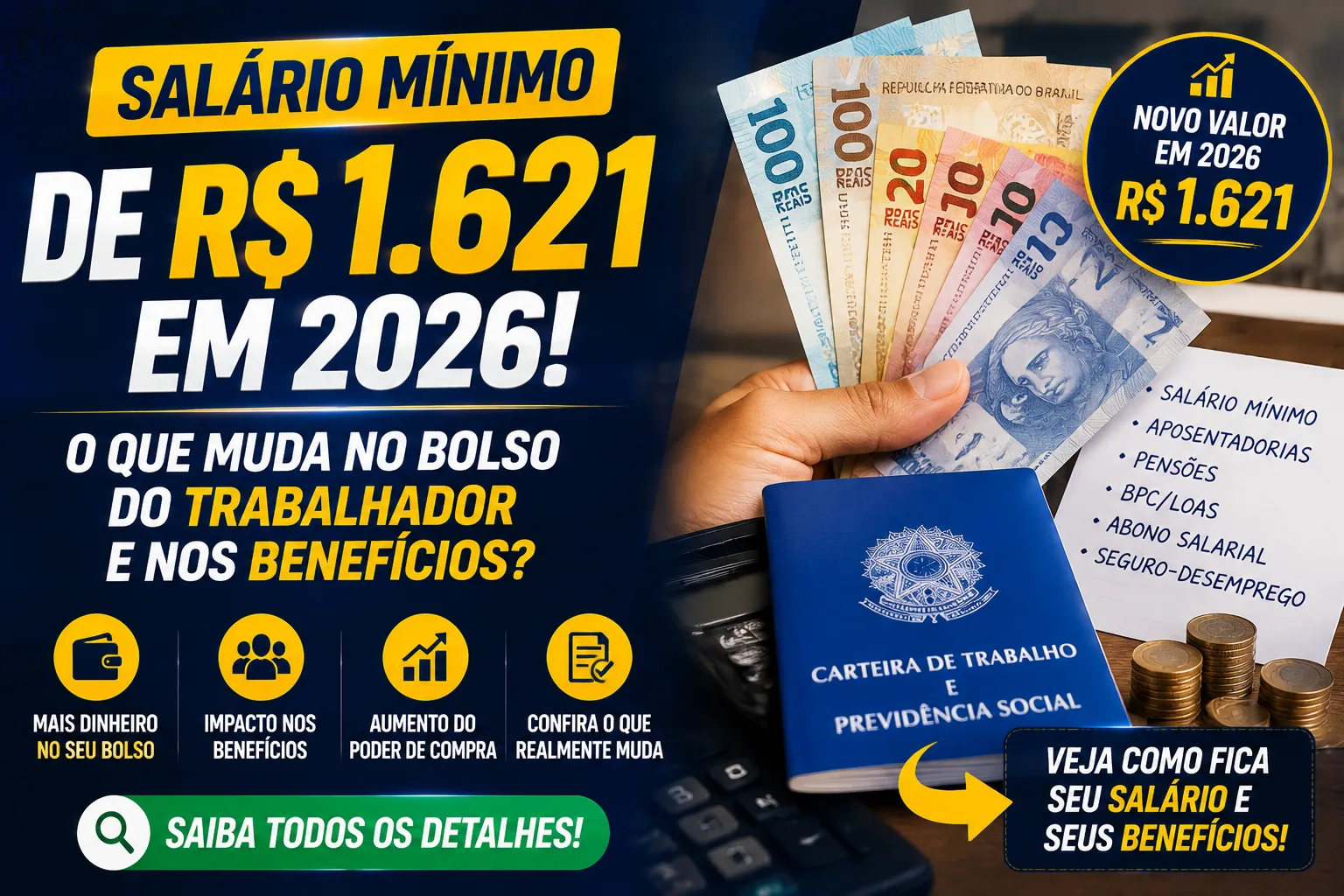 Salário mínimo de R$ 1.621 em 2026: o que muda no bolso do trabalhador e nos benefícios